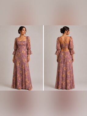 Luxxel Floral Maxi Dress Open Back Puff Sleeve Mauve NWT Large